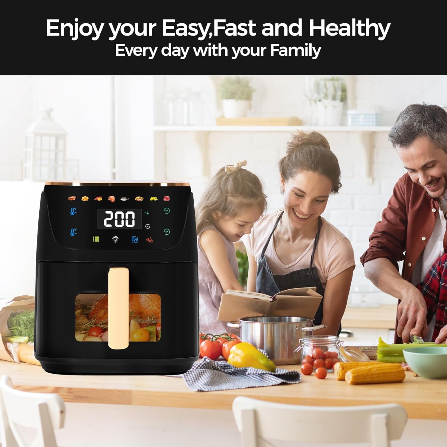 8QT Air Fryer with Visible Window, 1500W Oilless Healthy Cooker with 8 Presets for Quick Family Meals