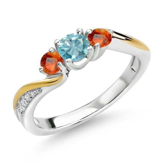 Gem Stone King 925 Silver and 10K Yellow Gold Blue Zircon Orange Sapphire and White Lab Grown Diamond 3 Stone Engagement Ring for Women (0.85 Cttw, December Birthstone, Size 8)