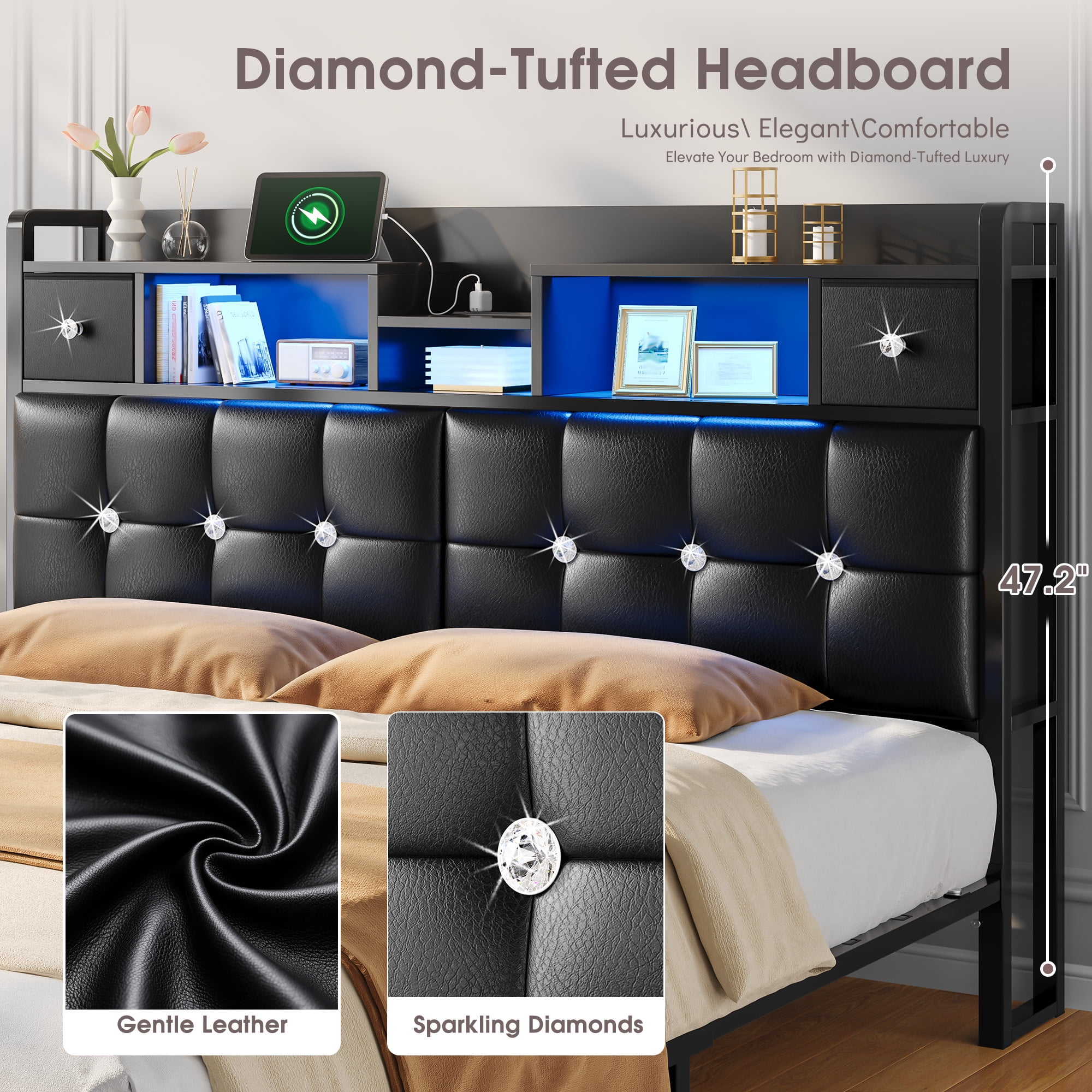 EnHomee Bed Frame with 2 Drawers King Size Bed Frame with Headboard & LED Lights Bed Frame with Storage & Headboard Drawers，Black