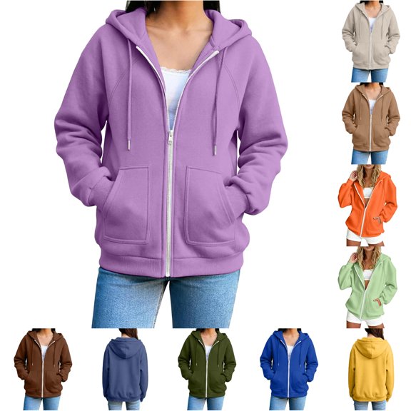 SUXIAN Zip up Hoodie Solid Color Long Sleeve Soft Lined Pockets Relaxed Breathable Jacket Womens Zip up Hoodies XL