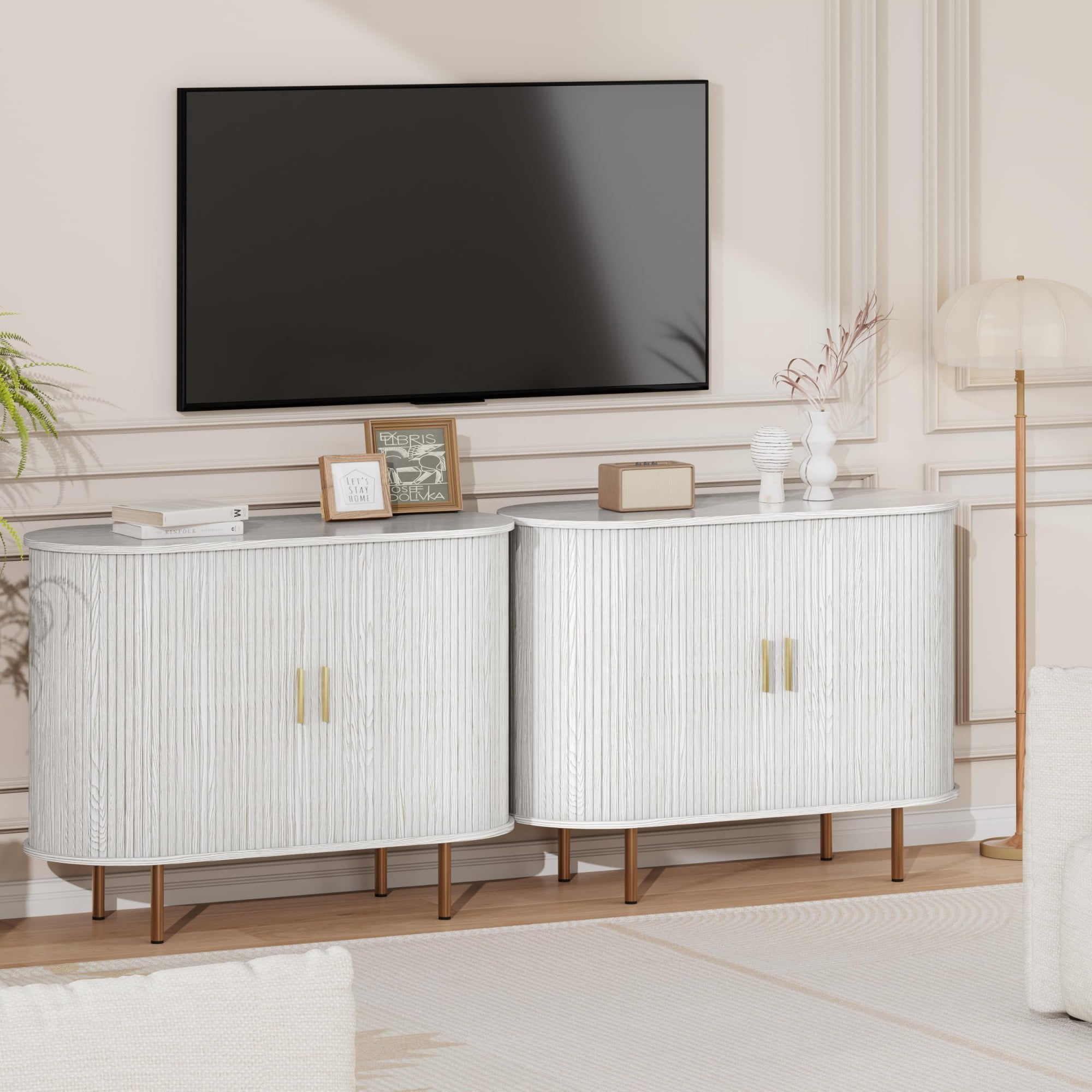 Mid Century Modern Sideboard Buffet Cabinet, 55 Inch Fluted Coffee Bar Console with Tambour Sliding Doors, White