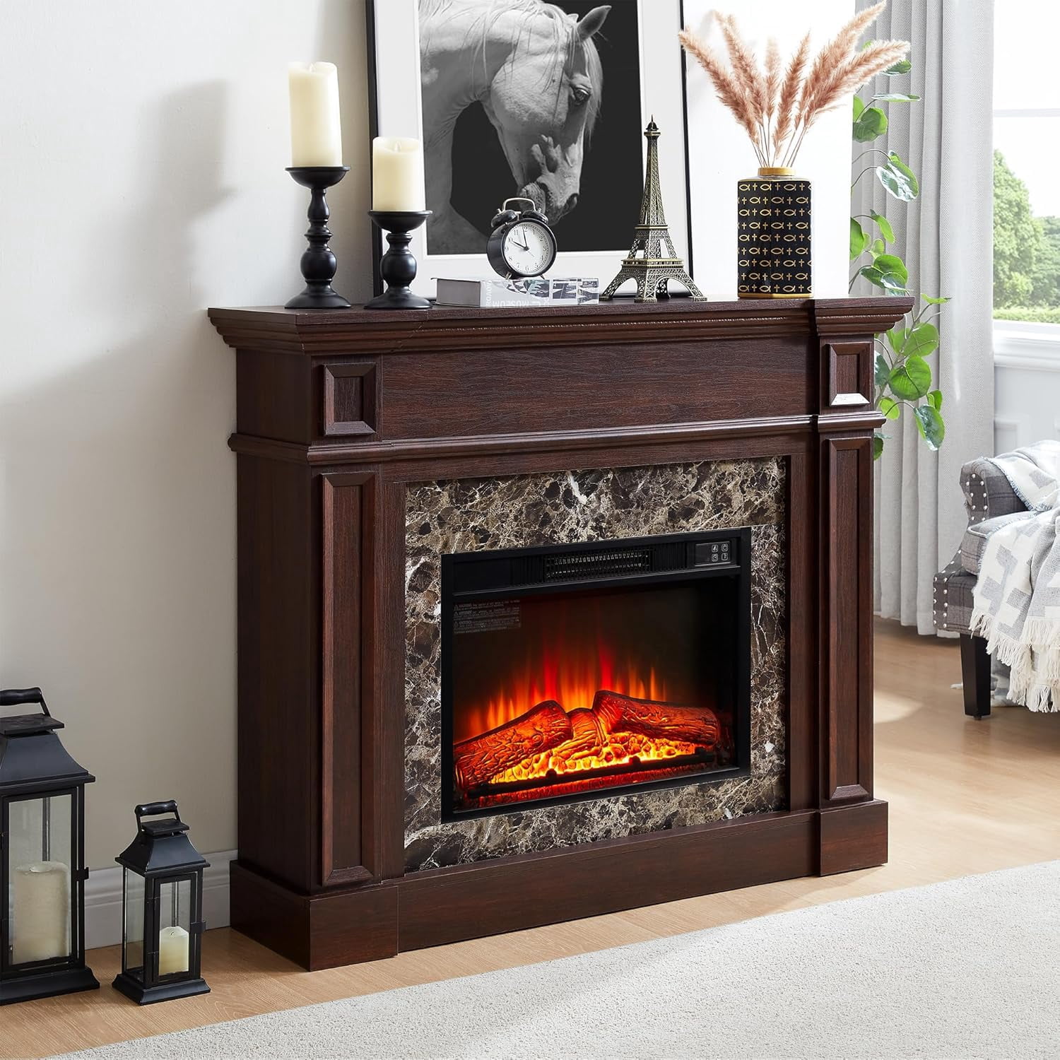 45" Electric Fireplace with Mantel, Faux Marble Pattern Surround, Freestanding Fireplace Heater with Timer & LED Flame, 23" Fireplace Insert (Cherry)