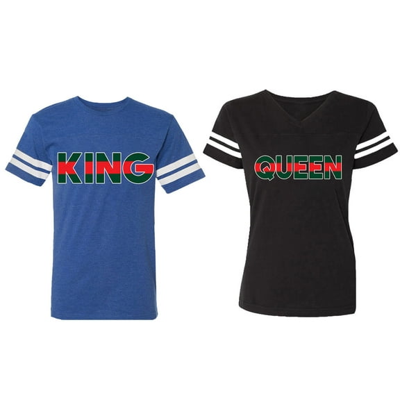 Red Green King Queen Matching Couple Cotton Jerseys (Men Royal / Women Black) (Men XXL / Women XL)