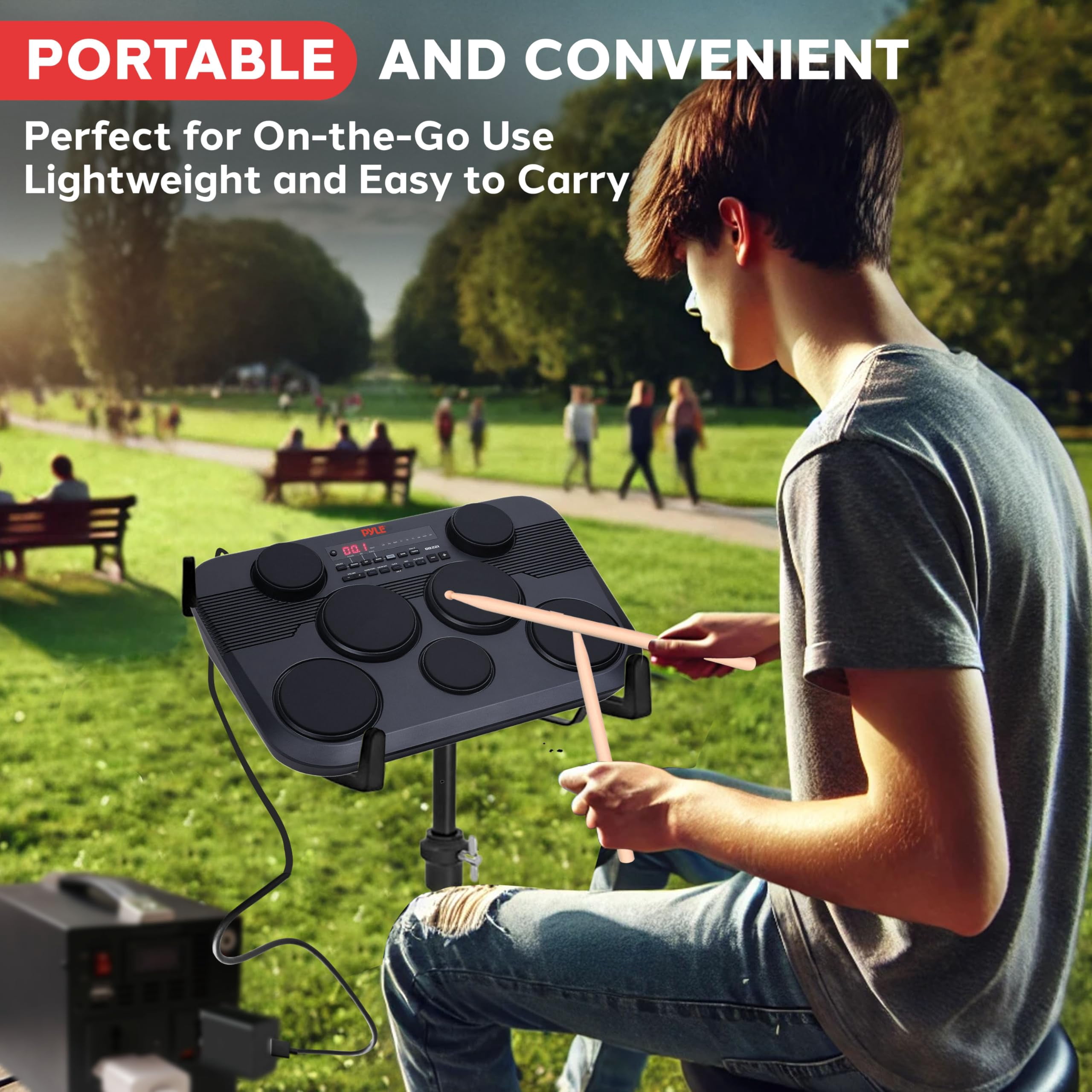 Pyle Electronic Tabletop Digital Drum Set, Compact Portable Drum Pad Kit w/ 7 Touch Sensitive Drum Pads and Pedals, 273 Sounds, USB & Headphone Outputs, MIDI/AUX Inputs, 4x5” Drums & 3x3.5” Cymbals