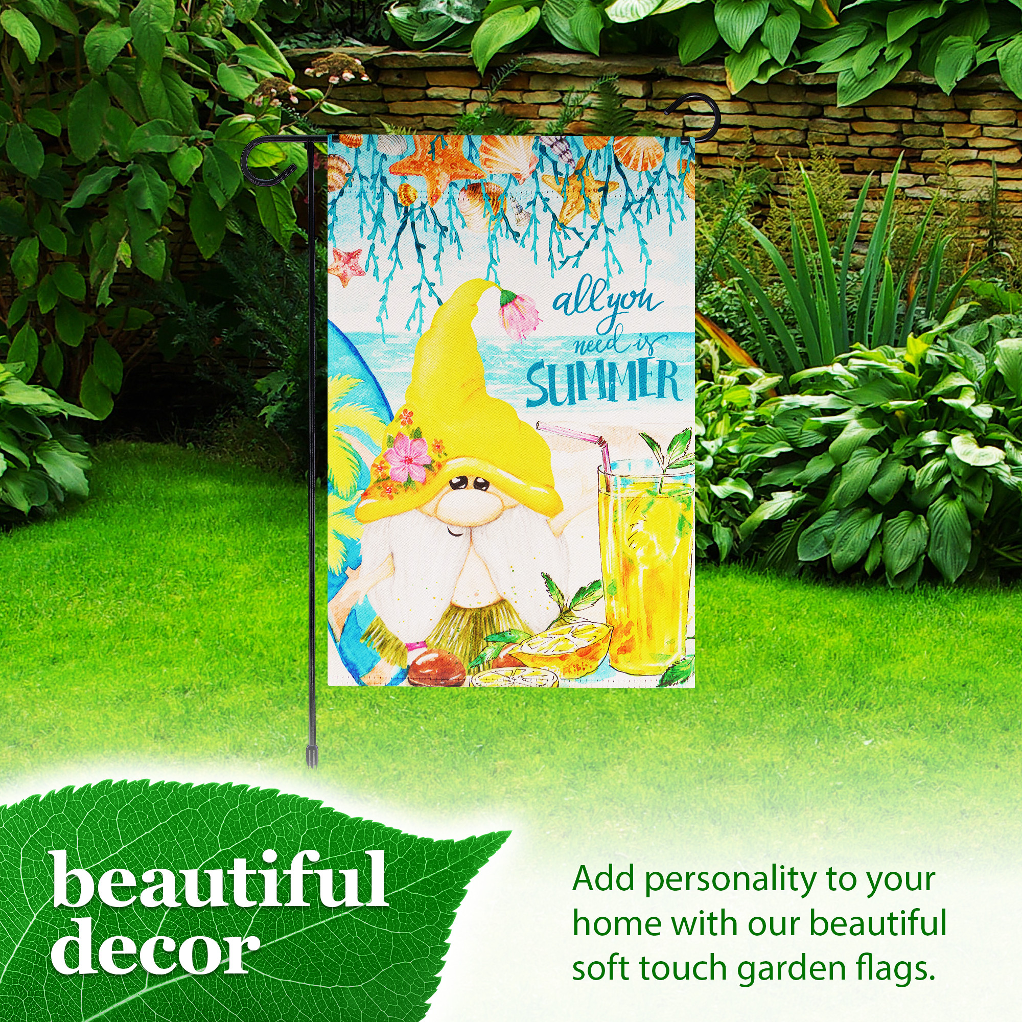 G128 Combo Pack: Garden Flag Stand Black 36 in x 16 in & Garden Flag Summer Decoration All You Need is Summer Gnome 12"x18" Double-Sided Blockout Fabric