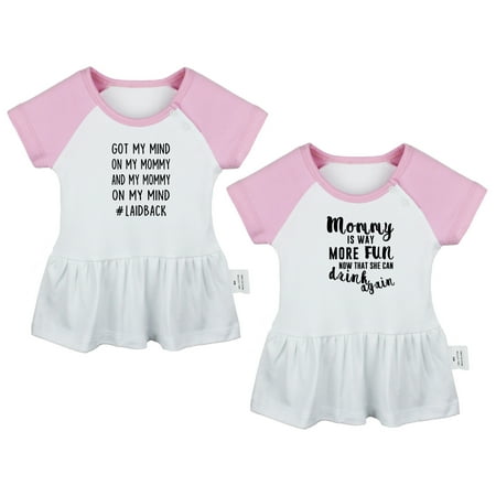 Pack of 2, Mommy Is Way More Fun Now That She Can Drink Again & Got My Mind On My Mommy Funny Dresses, Newborn Baby Skirts, Infant Princess Dress, Toddler Frocks (Pink Raglan Dresses, 0-6 Months)