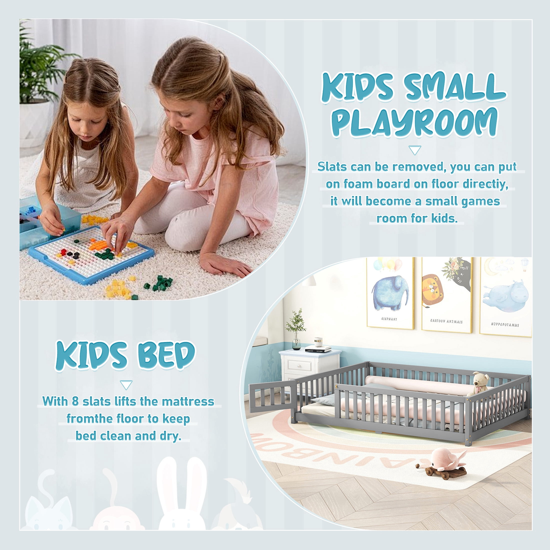 Aukfa Full Size Floor Bed for Kids Children, Wood Montessori Bed Frame with Safety Guardrails and Door, Gray
