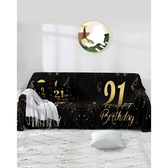 21th Birthday Sofa Covers for 3 Cushion Couch,Washable Sectional & L Shape Couch Covers for Dog/Cat/Kid,Star Cake Fireworks Golden Black Non Slip Sofa Slipcover Tassel Futon Cover 71''x150''