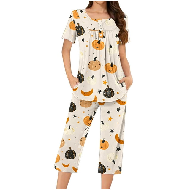 Jamicy Pyjama en Coton pour Femmes Vêtements de Maison pour Femmes Mode Décontractée Ample Imprimé Col Rond à Boutons Ensemble de Pyjama Capri Pyjama d'Halloween
