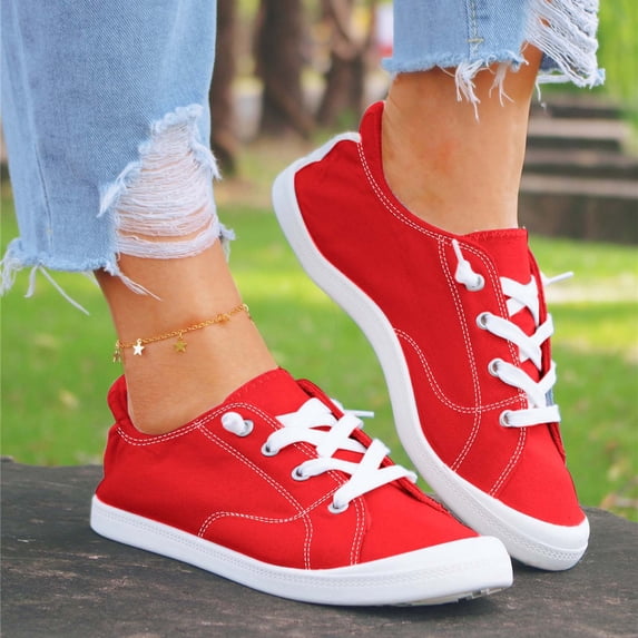 HEWUQI Women's Slip on Canvas Sneakers Low Top Breathable Upper Cushioned Comfortable Walking Shoes for Everyday Walks Errands Casual Red Size 7