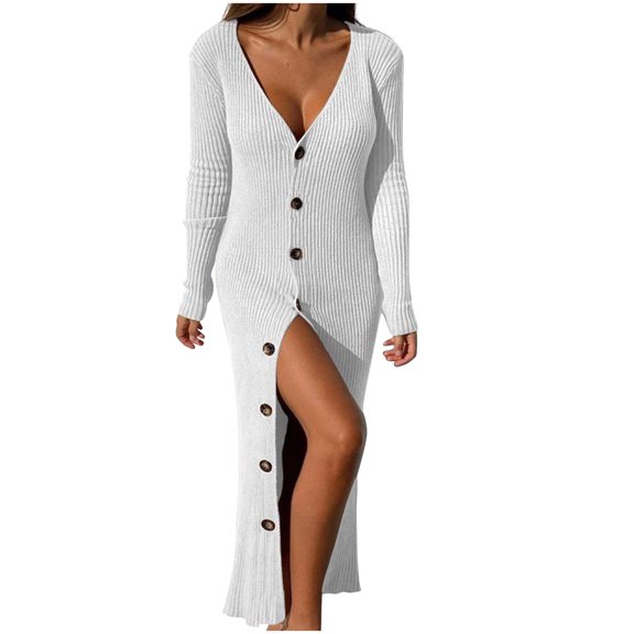 Lilgiuy Autumn And Winter Women Long Sleeve Solid V-Neck Button Long Dresses White Fall Dresses for 2022 Spring Winter