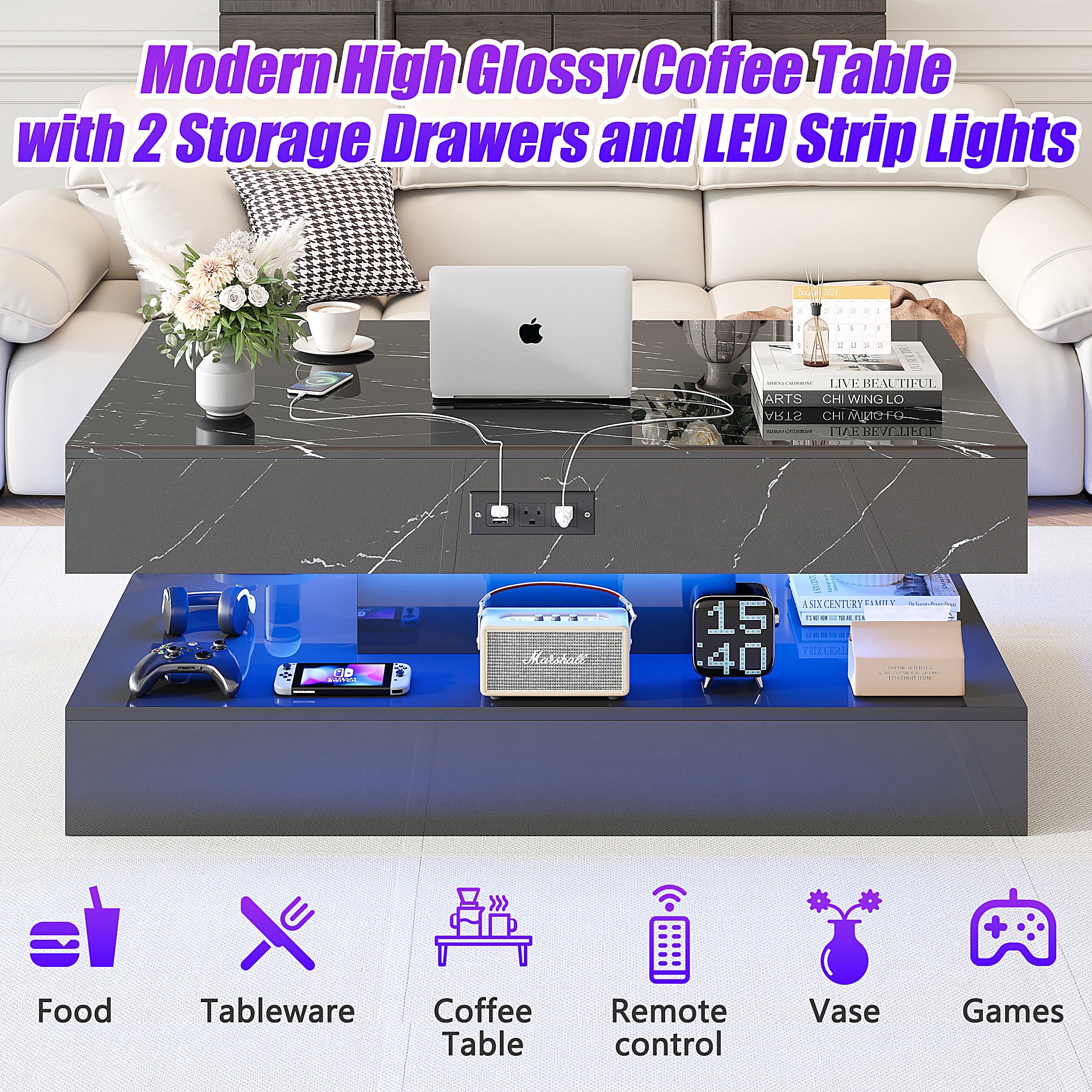 PAPROOS LED Black Coffee Table with 2 Drawers & Open Shelf – Large Modern High Gloss Center Table with Storage, Large Rectangle Living Room Coffee Table with Marble Print