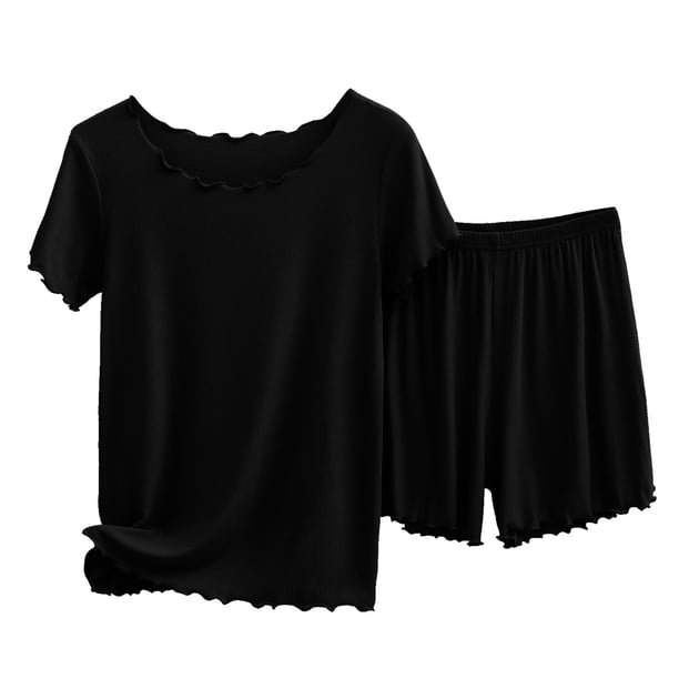 Conjunto de pantalones cortos de manga corta acanalados de algodón Gibobby Pijamas de mujer Negro L