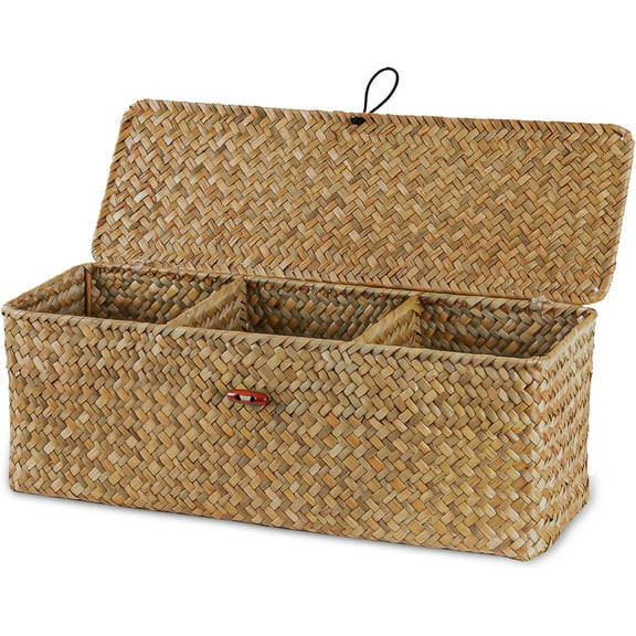 PandaTop 3 Grid Storage Basket with Lid, Hand-Woven Water Hyacinth Storage Basket Home Organizer Bins,Rectangular Woven Storage Basket for Makeup, Clothes, Toilet Paper Snack Toys(Khaki)