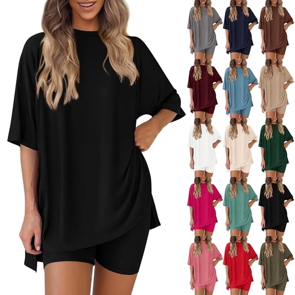 Workout Sets for Women 2 Piece Set Short Sleeve Oversized T-shirt High Waisted Yoga Biker Shorts Tunic Tops Summer Outfits, M