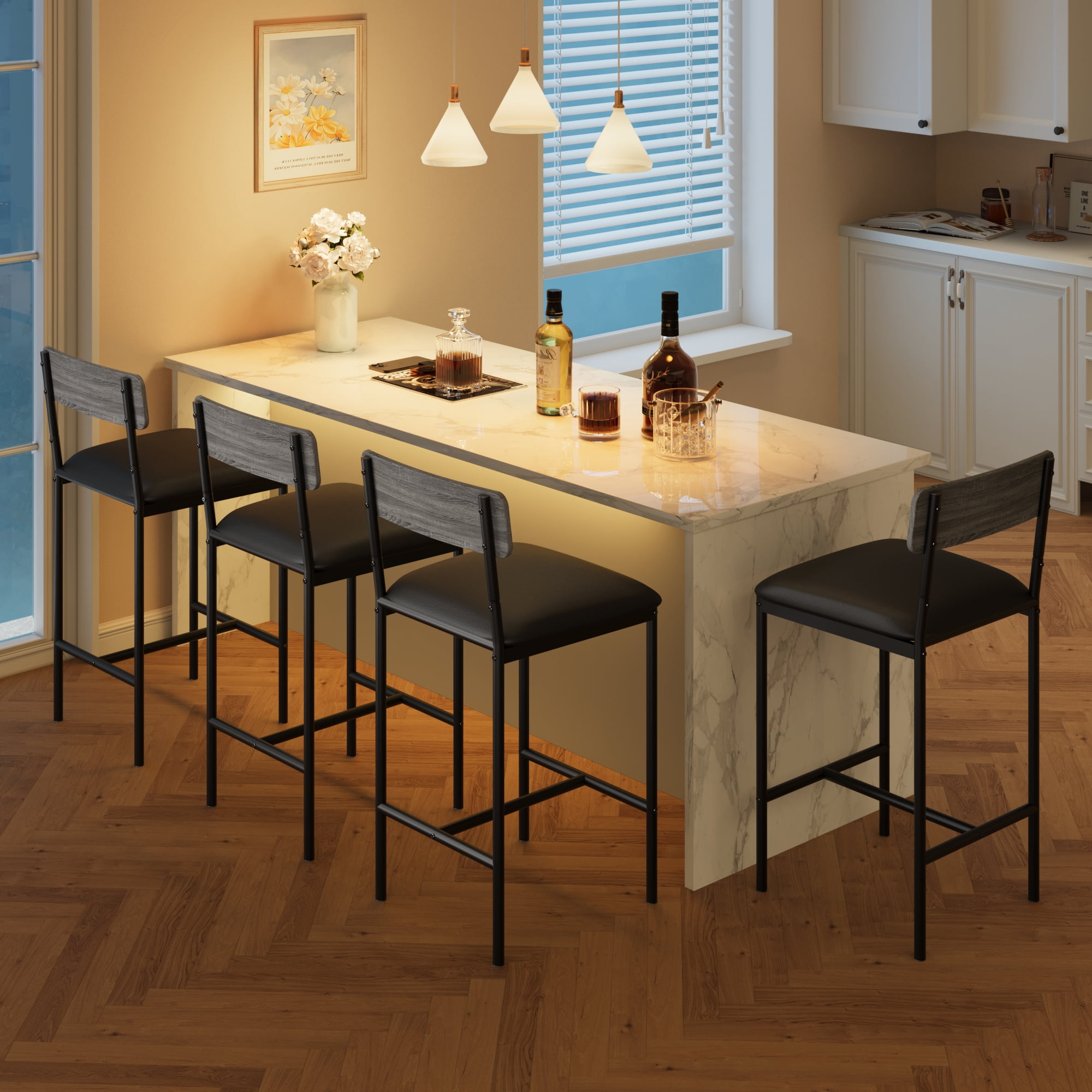 COZONY Set of 2/4 Bar Stools, Counter Height with Back & Upholstered Seat, Footrest for Kitchen Island, Bars