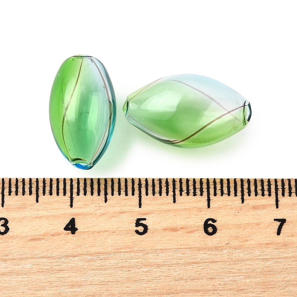 50pc Transparent Handmade Blown Glass Globe Beads Stripe Pattern Rice Light Sky Blue 18.5~19.5x9.5~10.5mm Hole: 0.8~1.5mm