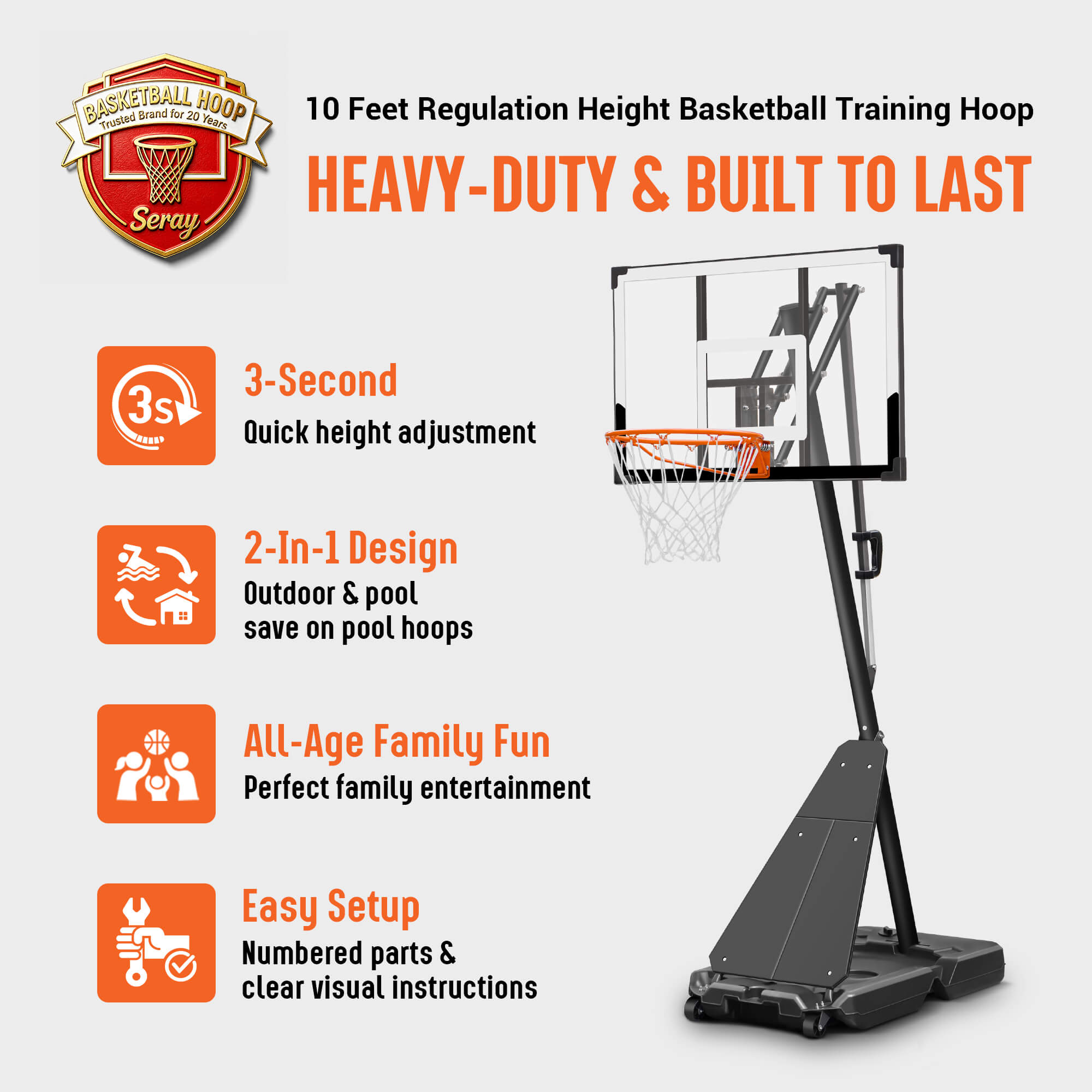 SERAY Portable Basketball Hoop 44-Inch Height Adjustable photo 2