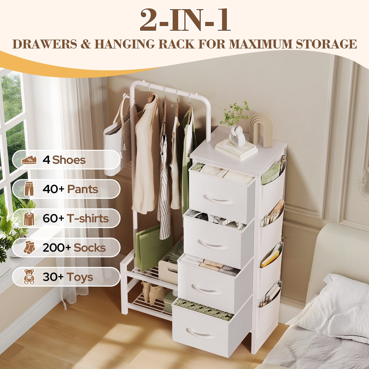 UNTIMATY Dresser with Hanging Rack White Fabric Dresser for Bedroom with Hanging Rack and 4 Drawers Dresser with Side Pockets