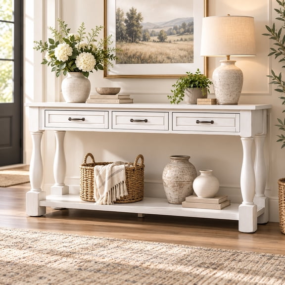 63" Console Table with 3 Drawers and Bottom Shelf, Solid Wood Frame Entryway Sofa Table for Living Room, Antique White