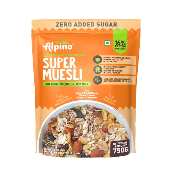 Alpino Super Muesli Nut Delight 750 g / 75 % de Grains Entiers / 18 % de Fruits et Noix Séchés / 16 % de Protéines / Sans Sucre / Riche en Protéines / en Fibres / Céréales / Pochette Refermable / Conservation Stable