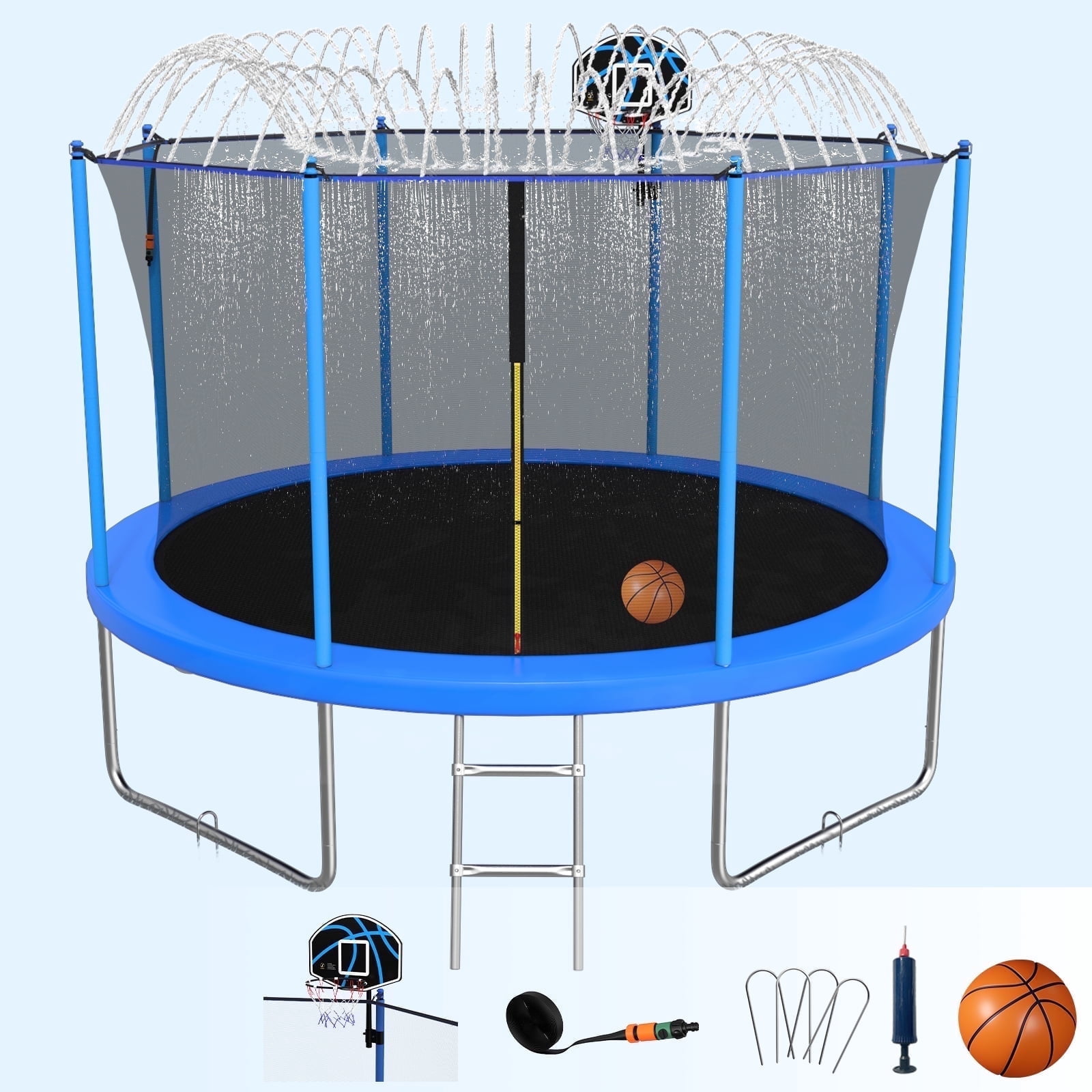 10FT Trampoline for Adults/Kids Outdoor Trampoline with Enclosure Net Basketball Hoop Sprinkler Wind Stakes Ladder Recreational Trampoline for Backyard