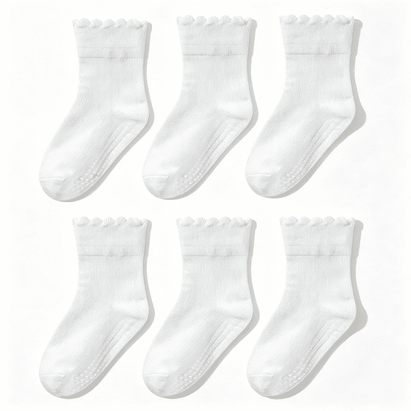 TELOLY 6 Pairs Toddler Ruffle Socks for Girls | 1-7 Years, Non Slip Grip, Cute Ruffle, Cotton Socks for Baby, Kids, Girls Non Slip Grip Toddler Girl Socks 4T-5T