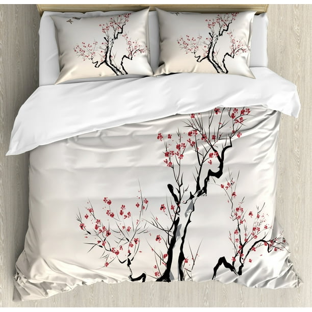Fl Duvet Cover Set Queen Size Classic Asian Paint Style Artwork Flower Branches Blossom And Flying Birds Pattern Decorative 3 Piece Bedding With 2 Pillow Shams Grey White By Ambesonne Com Fl Duvet Cover Set Queen Size, Asian King Bed Set