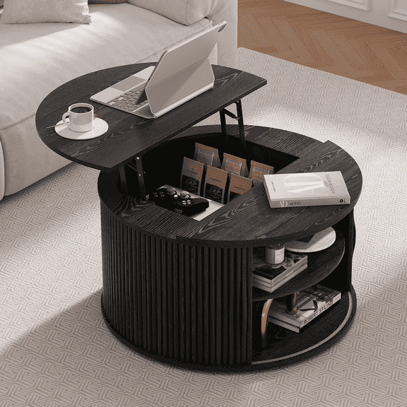 JOINICE Round Coffee Table with Lift Top,Mid Century Modern Wood Drum Center Table with Storage,for Living Room,Black