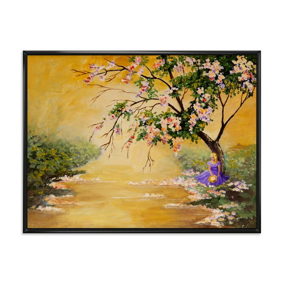 Designart 'Beautiful Girl Standing By The Flowering Tree' Traditional Framed Canvas Wall Art Print