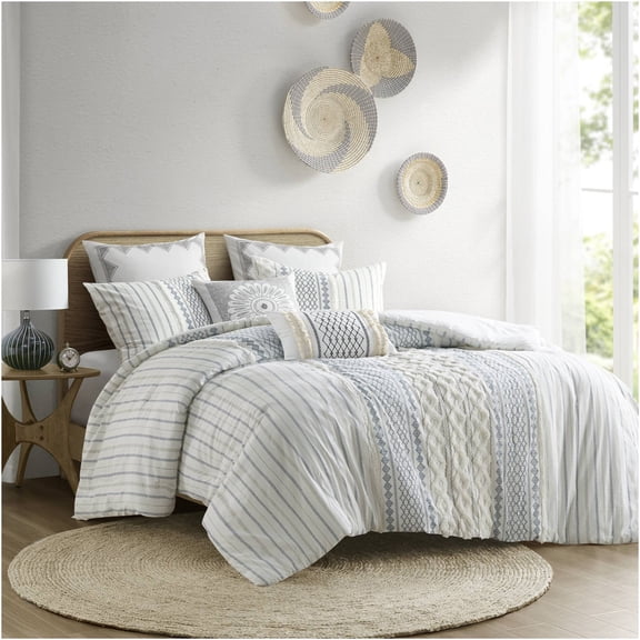 JERFIT King Size Comforter Set - 100% Cotton Chenille Bedding with Geometric Print, White and Navy Blue