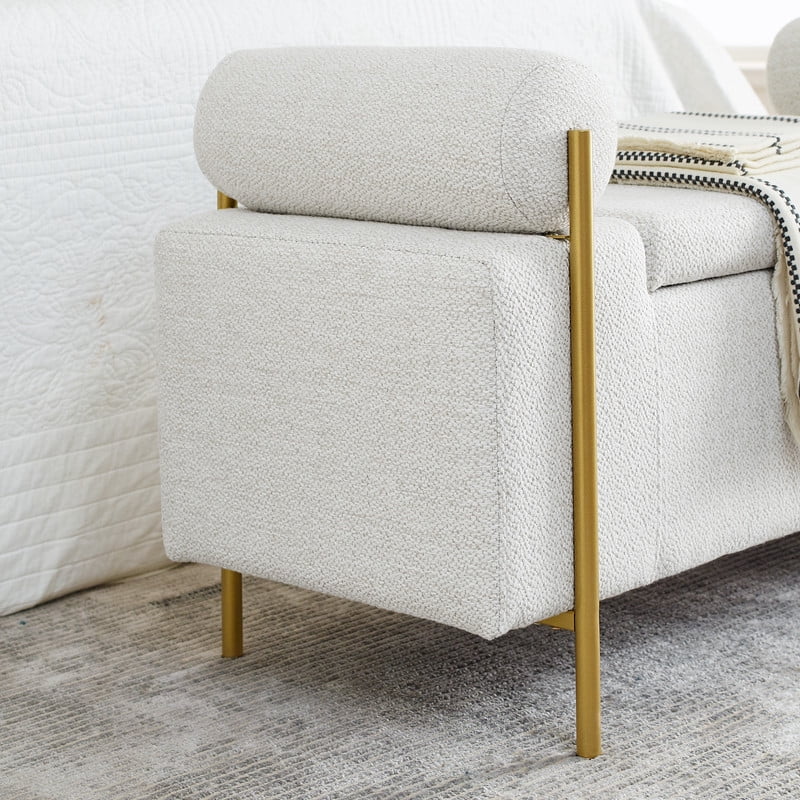 44" Upholstered Storage Bench with Arms and Hidden Storage, Bouclé Fabric Ottoman Bench with Gold Metal Legs, Modern Entryway Bedroom Bench,White
