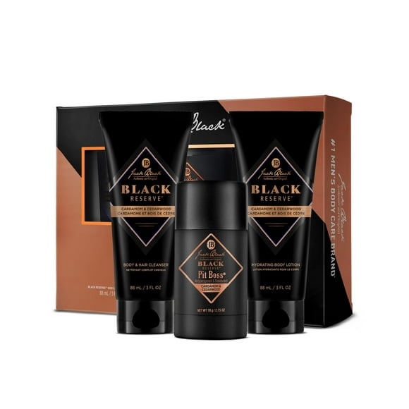Jack Black Black Reserve Body Collection Set for Men â?? Cardamom & Cedarwood â?? Dual-Purpose Mens Body Wash, Pit Boss Mens Deodorant, Mens Body Lotion, Mens Grooming Kit