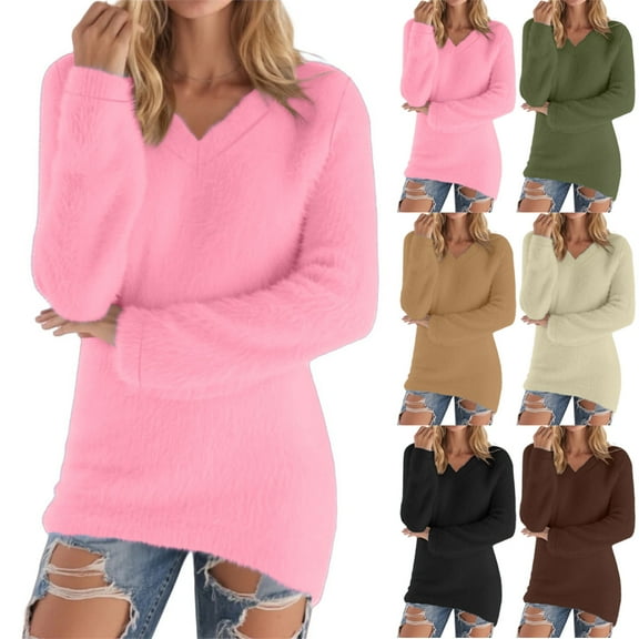 Maplenight Fleece Sweaters for Women Casual V-Neck Pullover Tops Long Sleeve Slim Fit Soft Fuzzy Sweater Winter Thermal Clothes