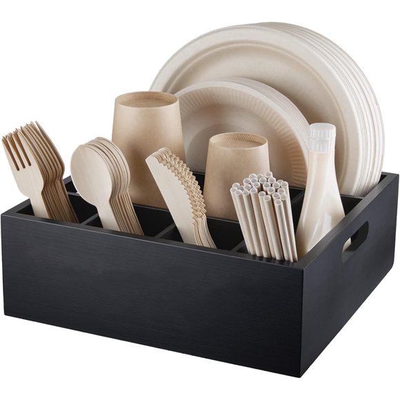Paper Plate Holder for Kitchen Counter,Silverware Caddy with 6 Compartments for Plate,Cup,Fork,Spoon,Utensil Caddy Organizer for Party,Camping,Picnic
