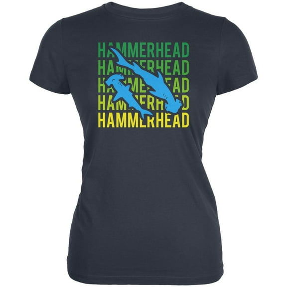 Hammerhead Shark Stacked Repeat Juniors Soft T Shirt Indigo Blue MD