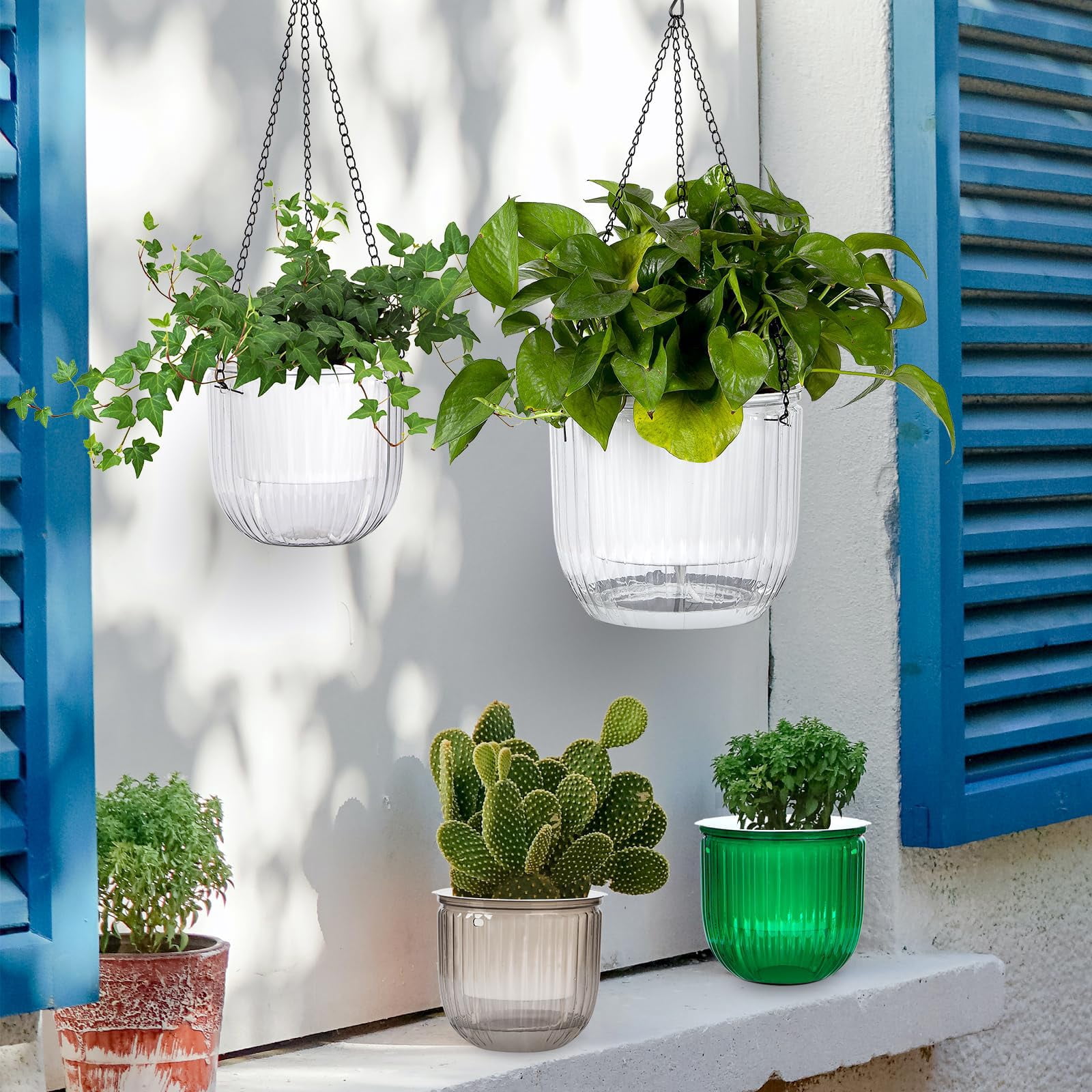 Trianu 3 Pcs Self Watering Hanging Planter 4.5inch Indoor Plant Hanging Pots Drainage Holes, Outdoor Small Hanging Planters Flower Pot Basket, Plant Hanger Home Decor, Gardening (Green)