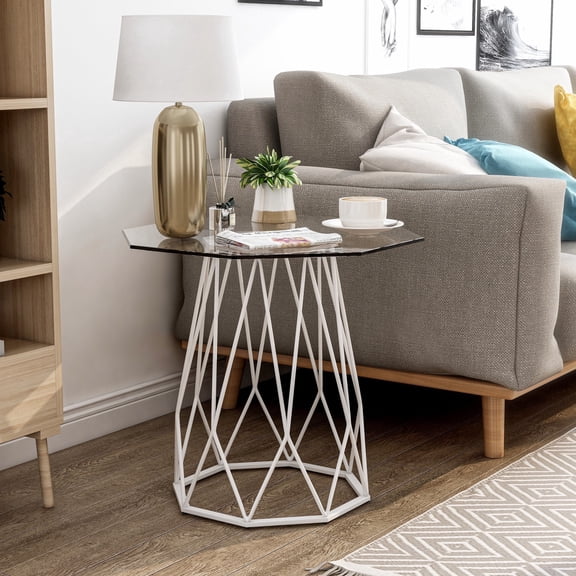 Parisa Octagon Glass Top End Table, White