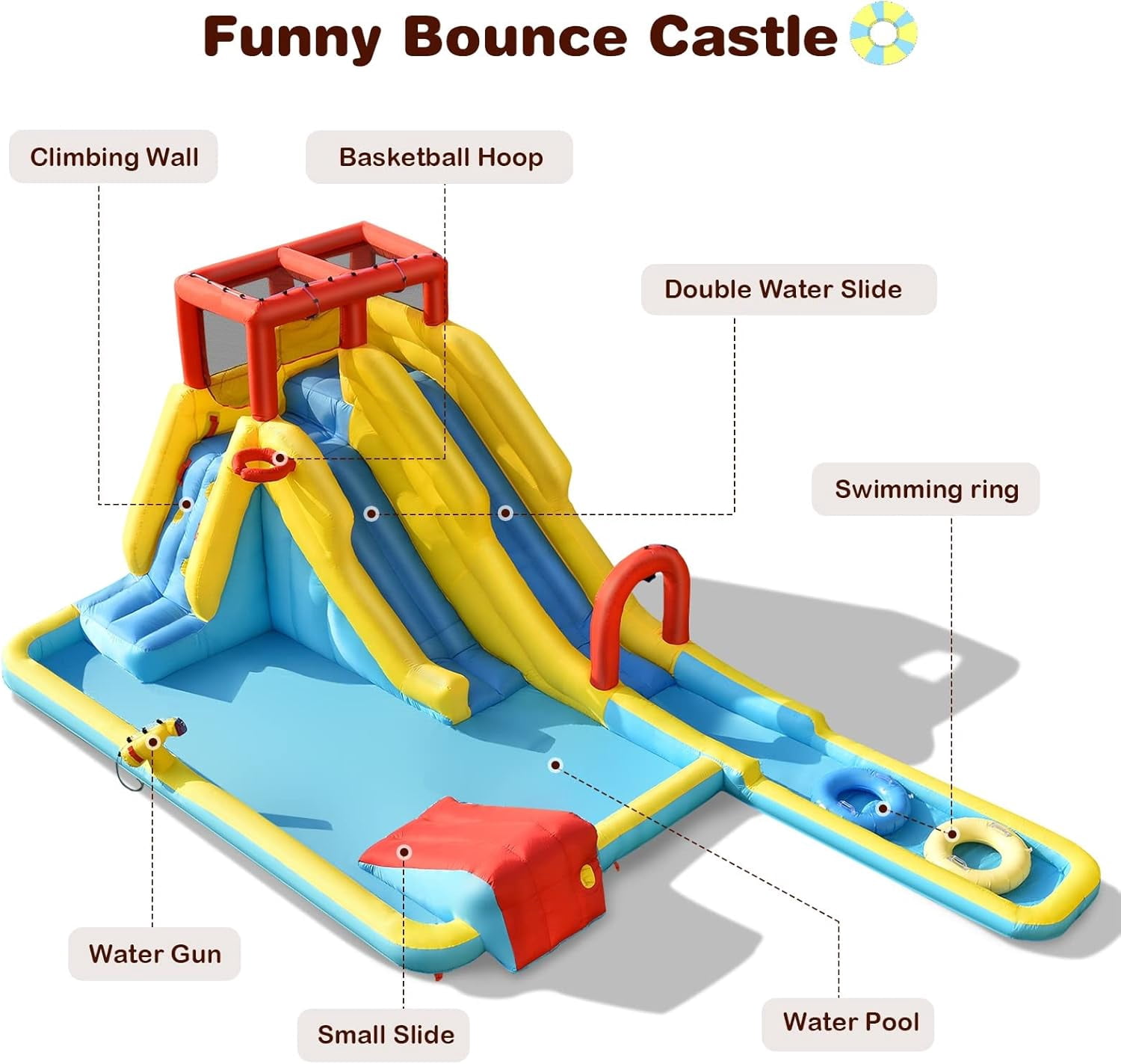 OLAKIDS Inflatable Water Slide, 7 in 1 Bounce House with 2 Slides, Climbing Wall, Splash Pool, Basketball Rim, Water Blaster, Outdoor Water Park with Carrying Bag, Repairing Kit, Hose