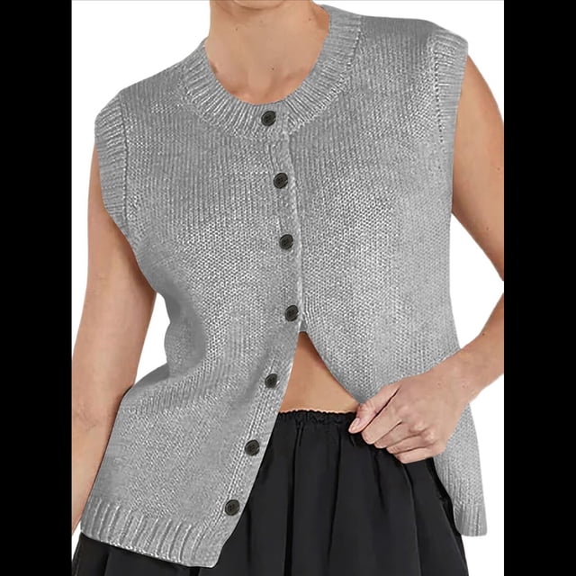 Chaleco Tipo Suéter para Mujer, -Verano 2025, Informal, Ligero, de Punto, Sin Mangas, con Botones, Ropa de Moda. Gris L