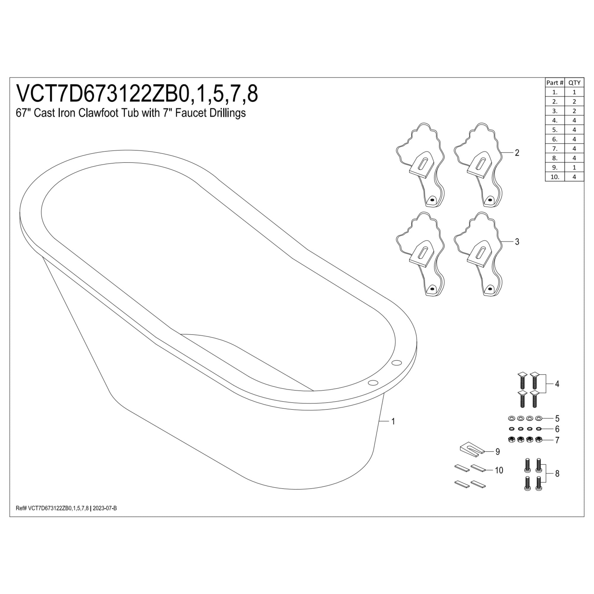 Aqua Eden VCT7D673122ZB8 67-Inch Cast Iron Oval Single Slipper Clawfoot Tub (7-Inch Faucet Drillings) in White/Brushed Nickel