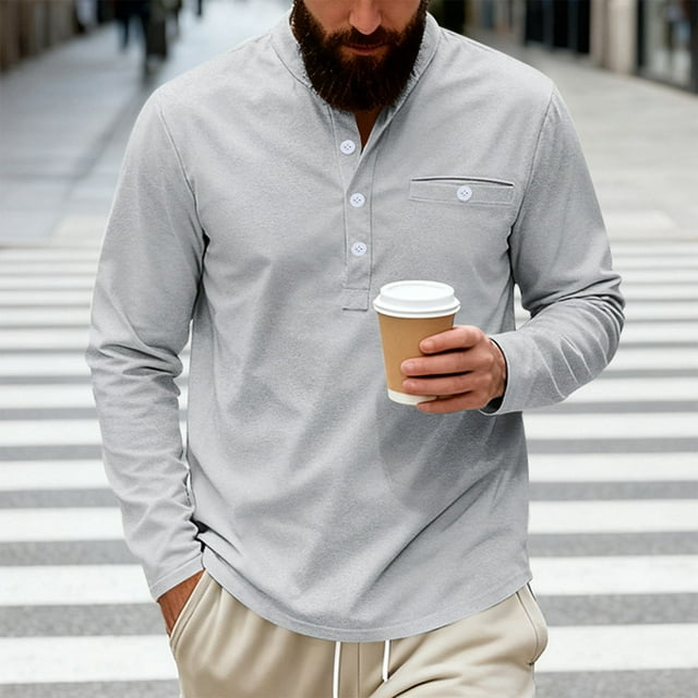 pstuiky Camisas de manga larga abrigadas para hombre, Camisa informal de sarga de color liso con cuello alto y bolsillos abotonados para hombre salir tops l