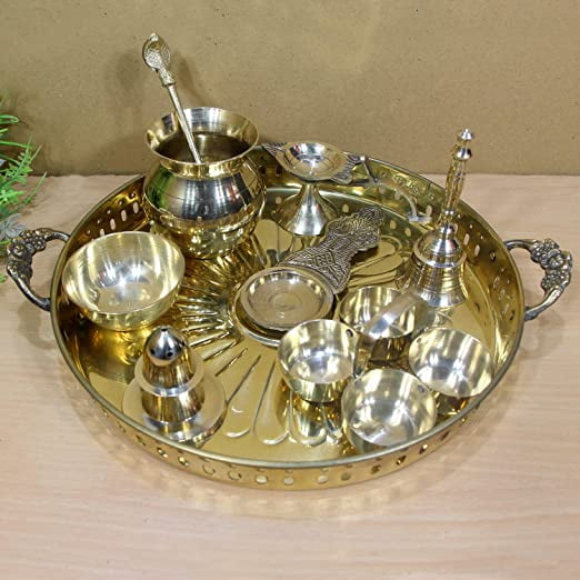 SAI DECORATIVE Brass Puja thali with Handle,multi-purpose use for Home Puja  Office Restaurant Kitchen Weddings Parties Gift and Festival thali set -9  (Size-10) 