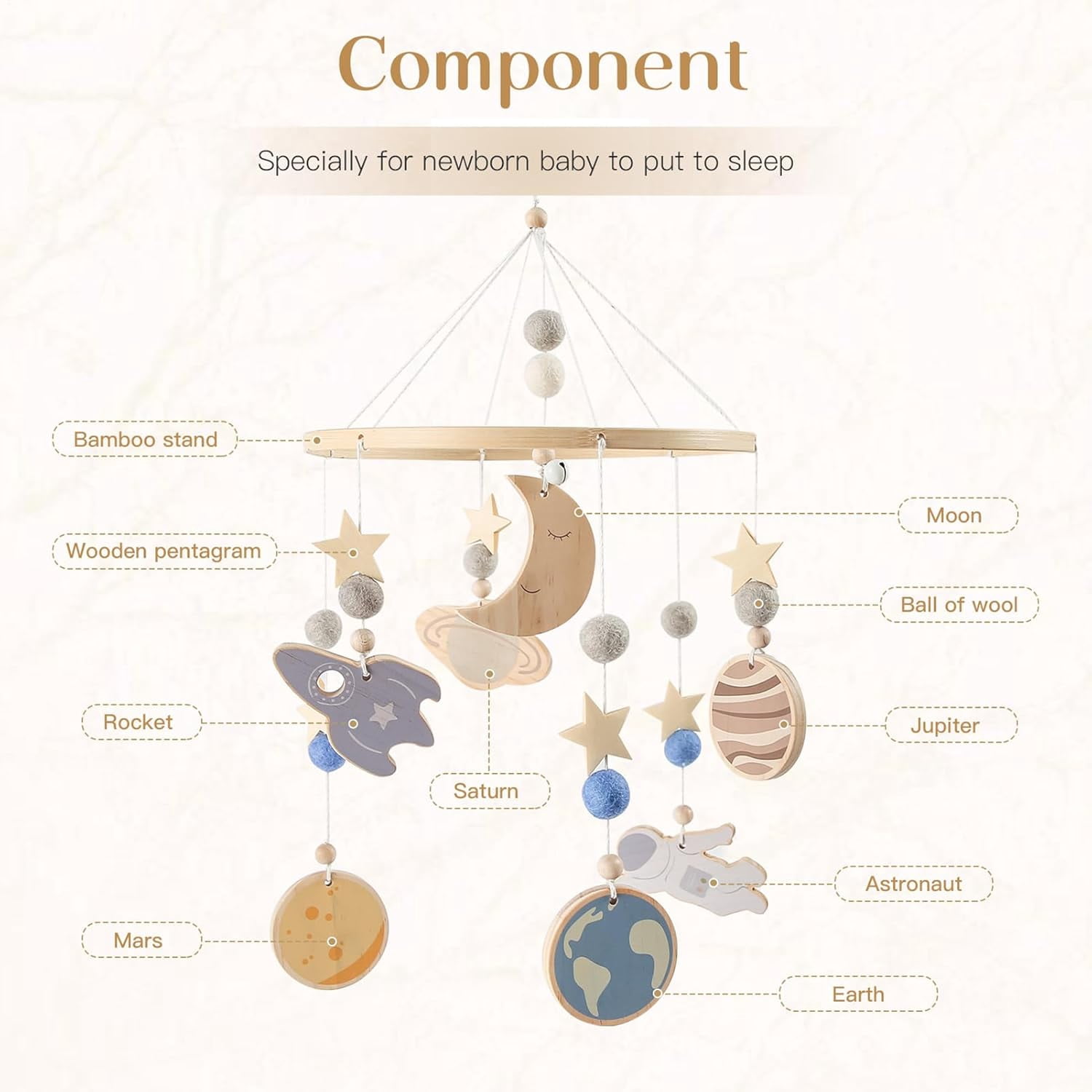 Bassinet Mobile 360° Rotating Space Theme | Wooden Crib Mobile for Baby Boys Girls | Soothing Nursery Decor with Planets Spaceship | Hanging Bedding Toy for Travel Sleep Play(DSF)
