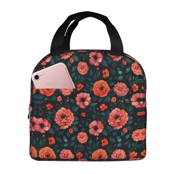 Dark Floral Lunch Bag Reusable Thermal Lunch Box with Handle for Women and Men