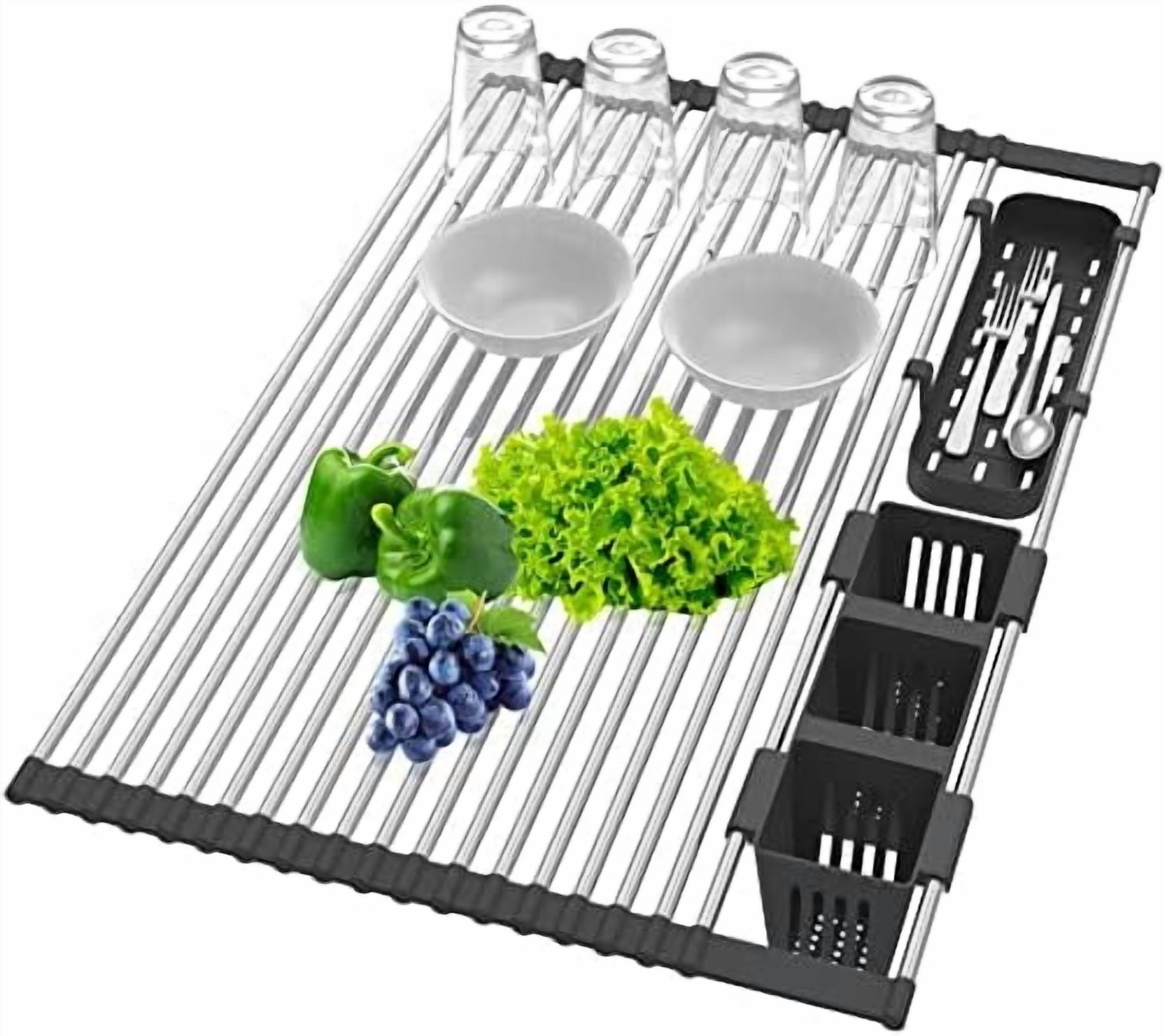 Extra Large Black Expandable Roll Up Dish Drying Rack Up to 25.1''with 2 Storage Baskets,Over The Sink Kitchen Rolling up Dishes Drainer, Foldable,Rollable
