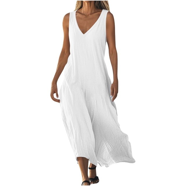 Admvng Robes pour Femmes Décontractées à Col en V Sans Manches Robe d'Été Grande Taille Ample Longue Robe de Plage d'Été P-2TG