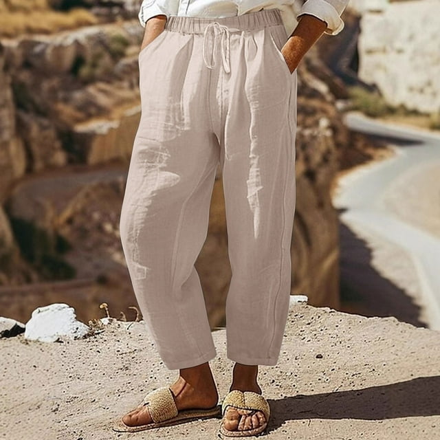 Soki Pantalon Grand en Coton et Lin pour Femmes avec Cordon de Serrage et Poches