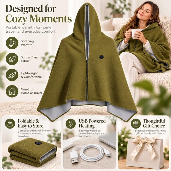 Wearable Heated Blanket Hoodie Shawl,Gifts for Mom and Family,Wearable Heated Blanket - Heated Shawl with Hood,Zipper & 3 Heat Levels,USB Powered for Home,Office,Travel & Outdoor and More