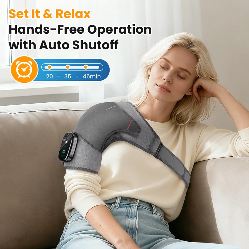 Cordless Shoulder Heating Pad with Massage,4-Motor Heated Shoulder Wrap with Vibration,5 Heat Levels & Rechargeable Battery,Adjustable Shoulder Brace for Men Women,Wearable for Home Office Use